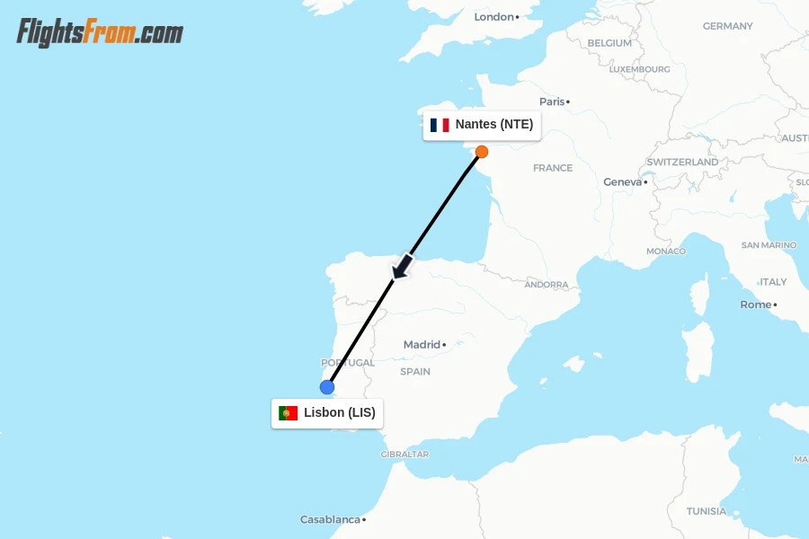 Flights from Nantes to Lisbon route map