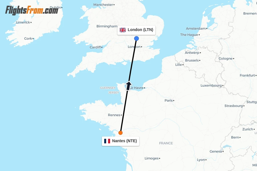 Flights from Nantes to London route map