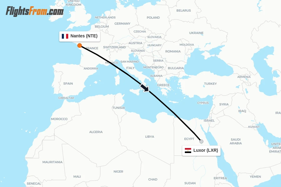 Flights from Nantes to Luxor route map