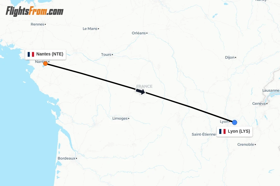 Flights from Nantes to Lyon route map