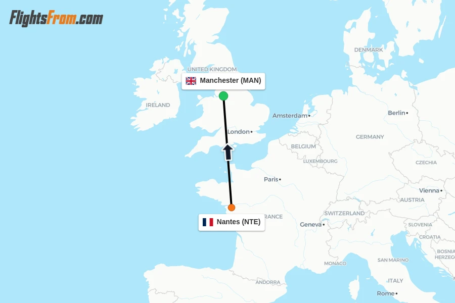 Flights from Nantes to Manchester route map