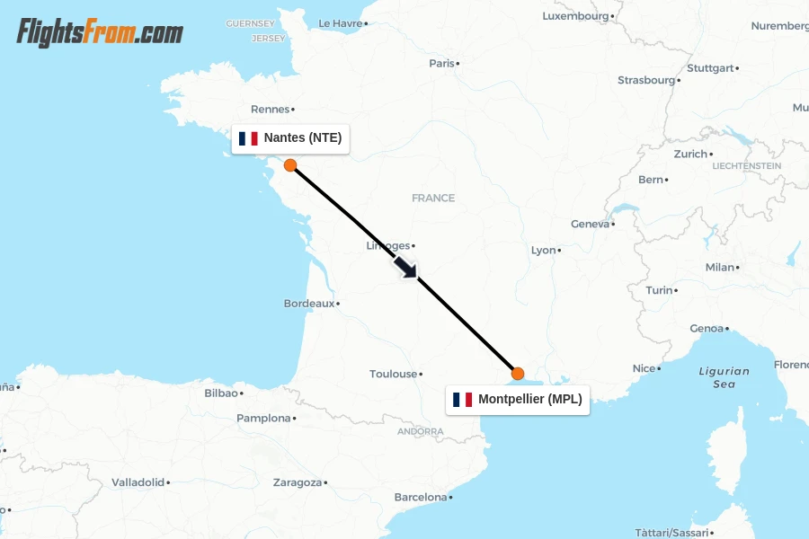 Flights from Nantes to Montpellier route map