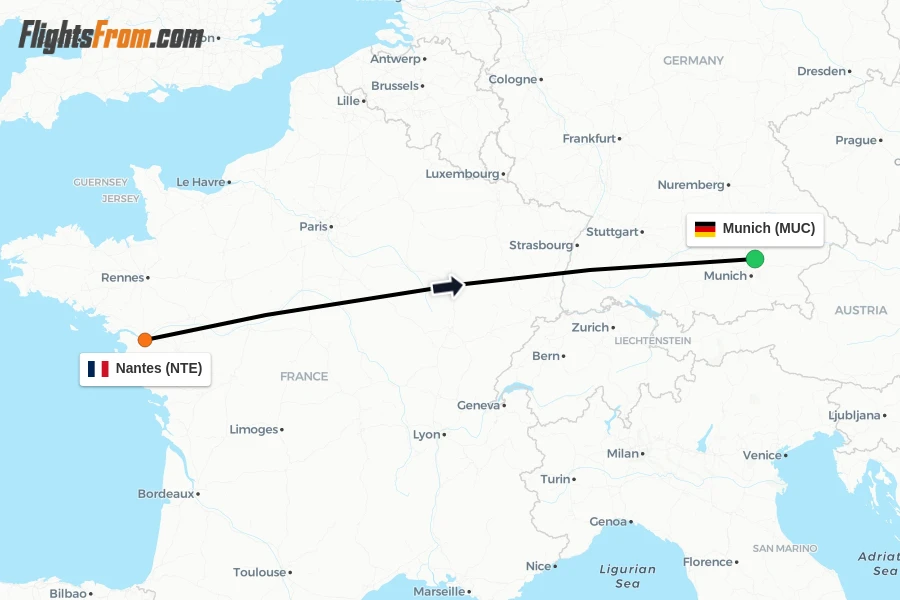 Flights from Nantes to Munich route map