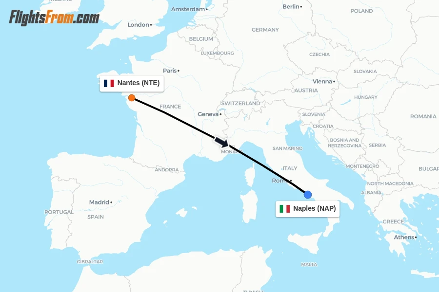 Flights from Nantes to Naples route map