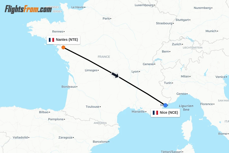 Flights from Nantes to Nice route map