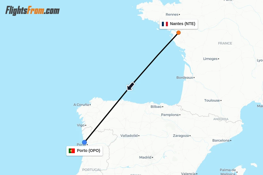 Flights from Nantes to Porto route map