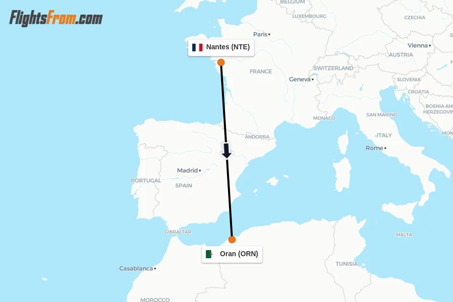 Flights from Nantes to Oran route map