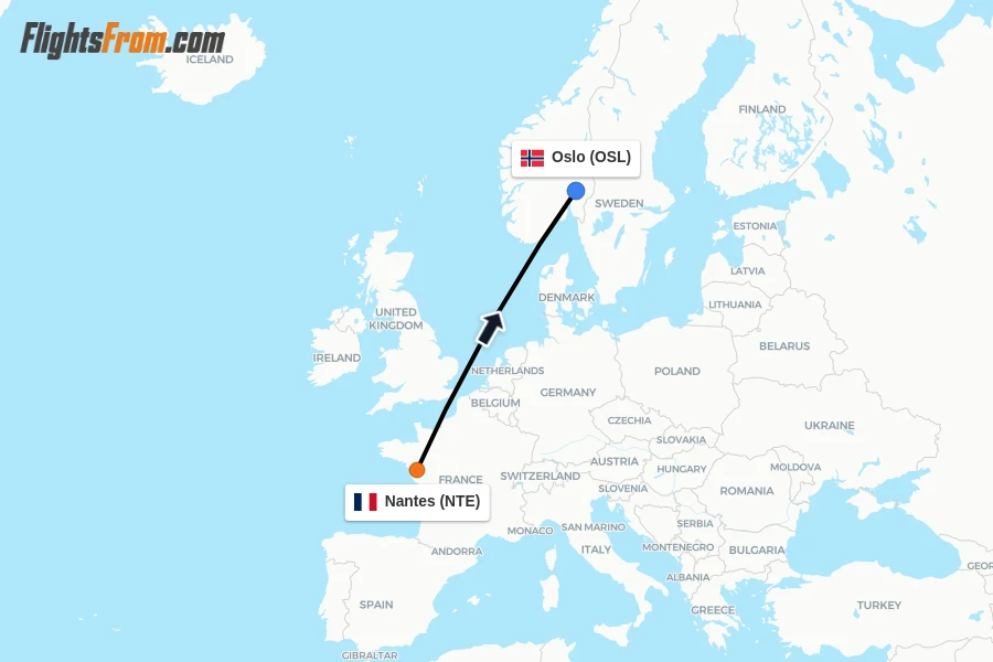 Flights from Nantes to Oslo route map