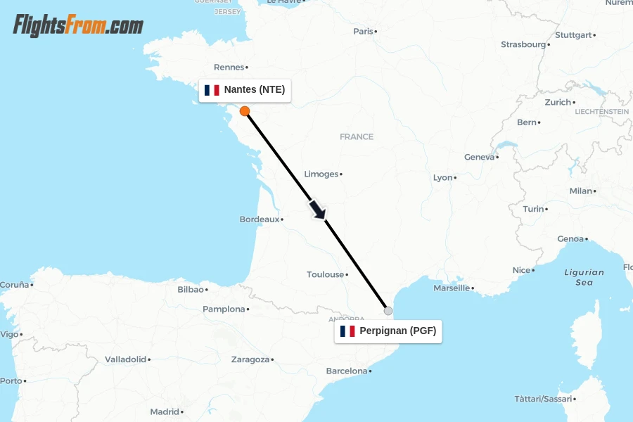 Flights from Nantes to Perpignan route map