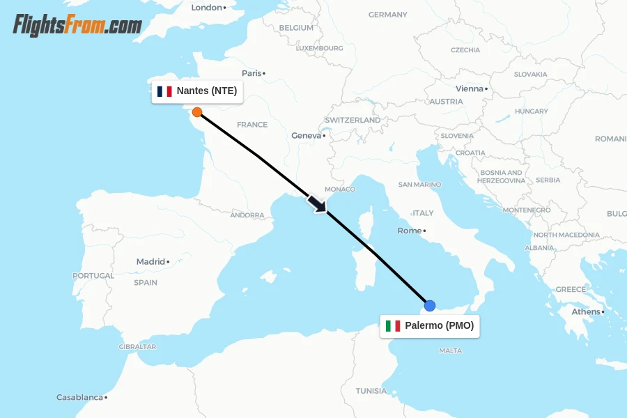 Flights from Nantes to Palermo route map