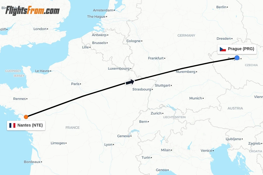 Flights from Nantes to Prague route map