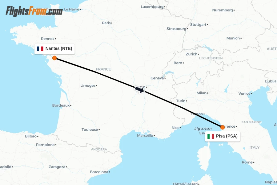 Flights from Nantes to Pisa route map