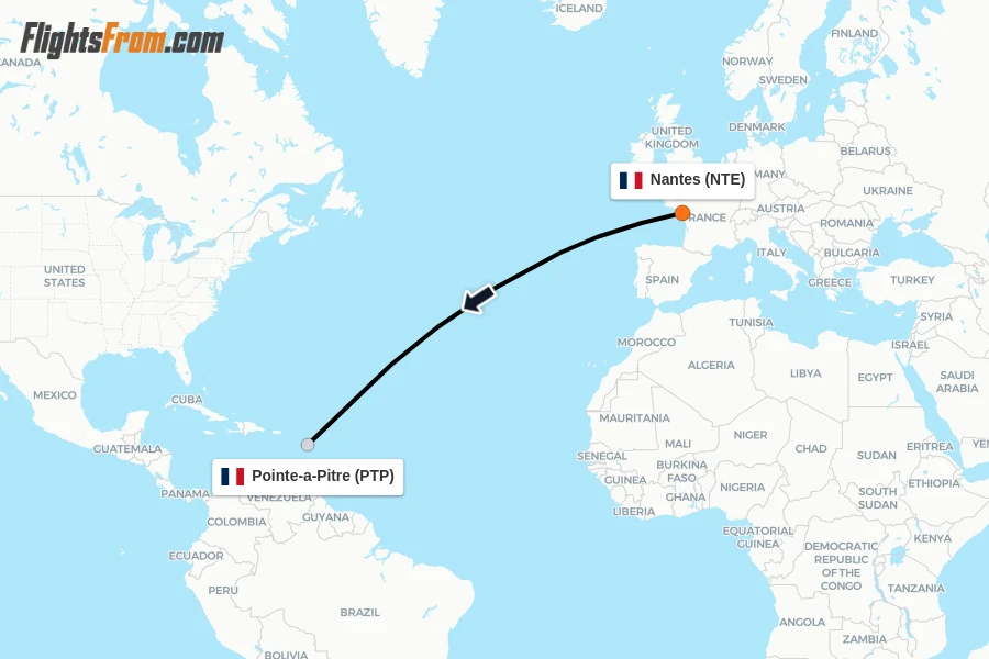 Flights from Nantes to Pointe-a-Pitre route map
