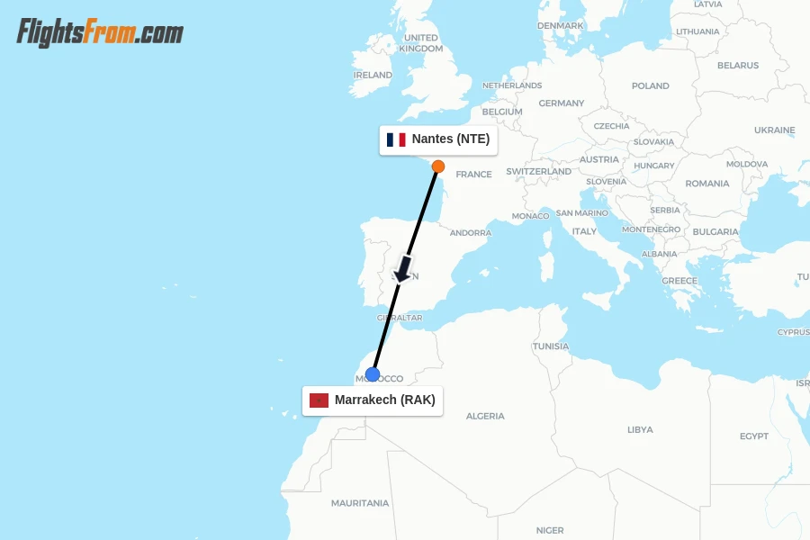 Flights from Nantes to Marrakech route map