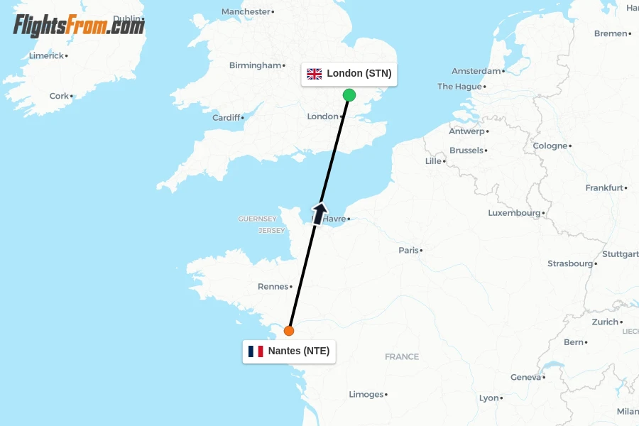 Flights from Nantes to London route map