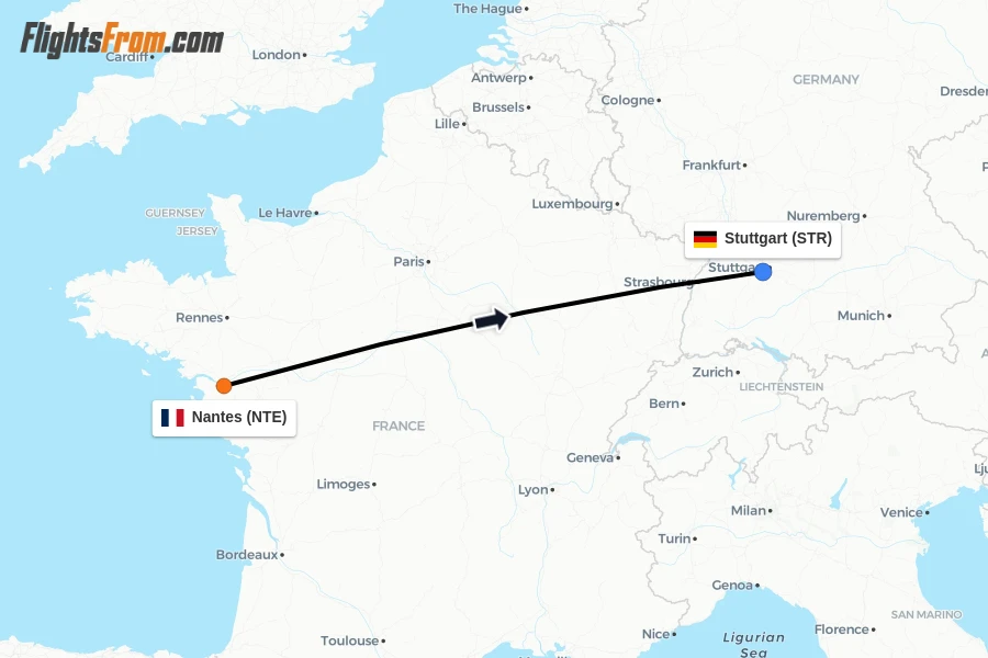 Flights from Nantes to Stuttgart route map