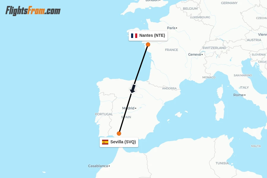 Flights from Nantes to Sevilla route map