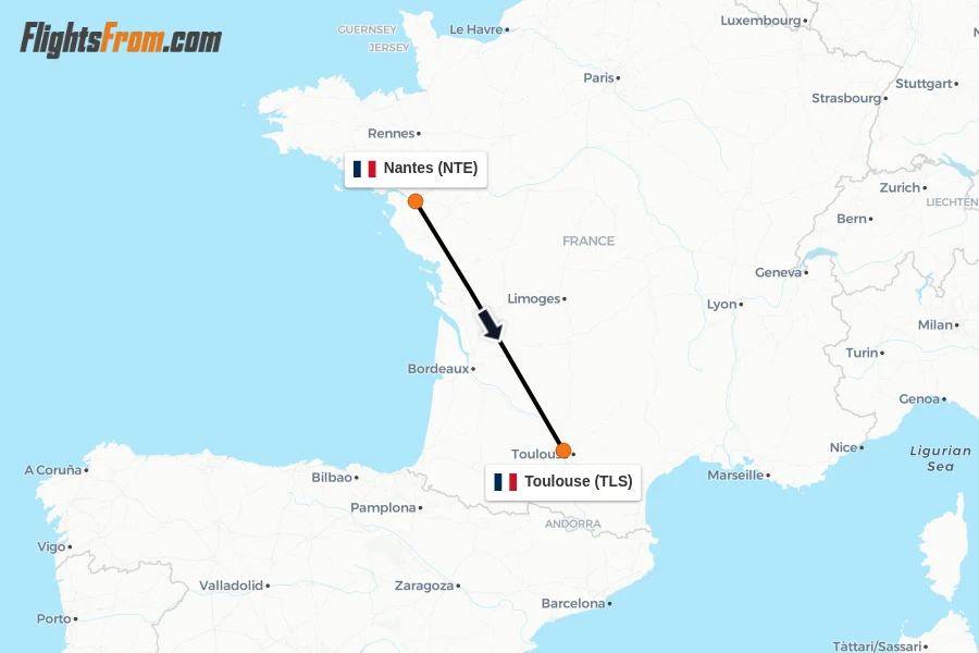 Flights from Nantes to Toulouse route map