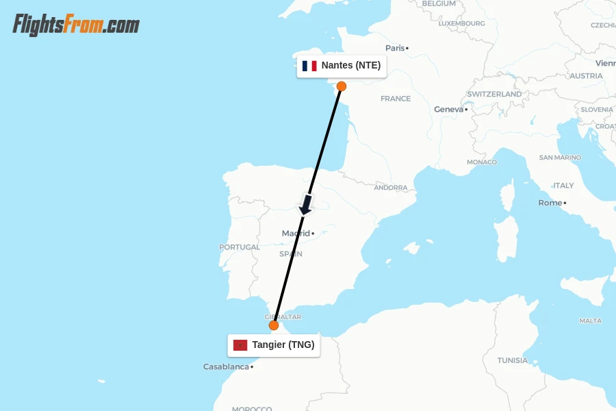 Flights from Nantes to Tangier route map