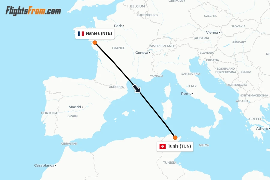 Flights from Nantes to Tunis route map