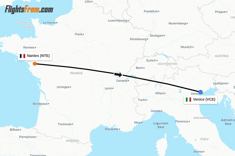 Flights from Nantes to Venice route map