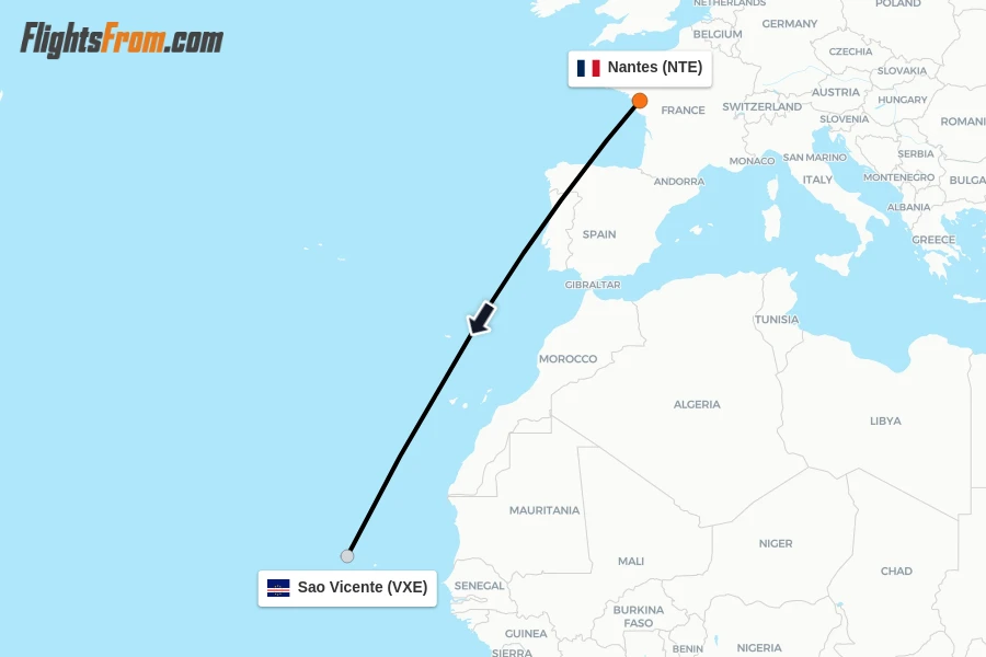 Flights from Nantes to Sao Vicente route map
