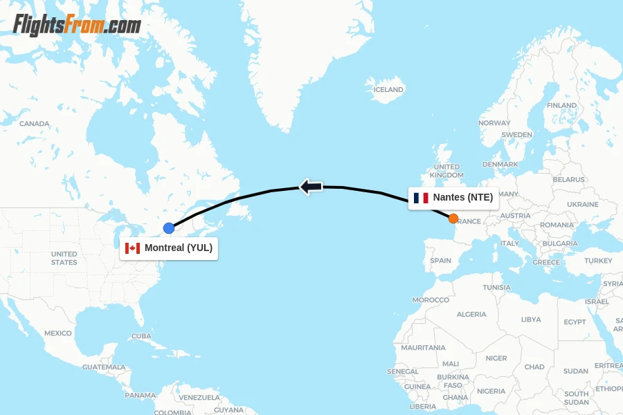 Flights from Nantes to Montreal route map