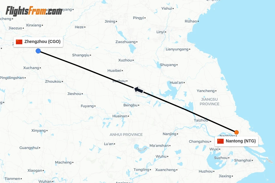 Flights from Nantong to Zhengzhou route map