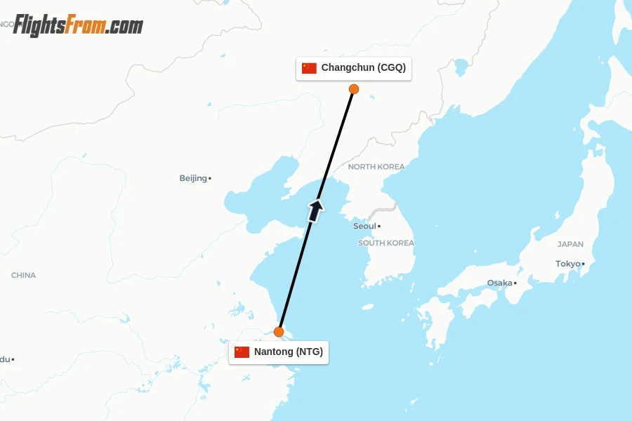Flights from Nantong to Changchun route map