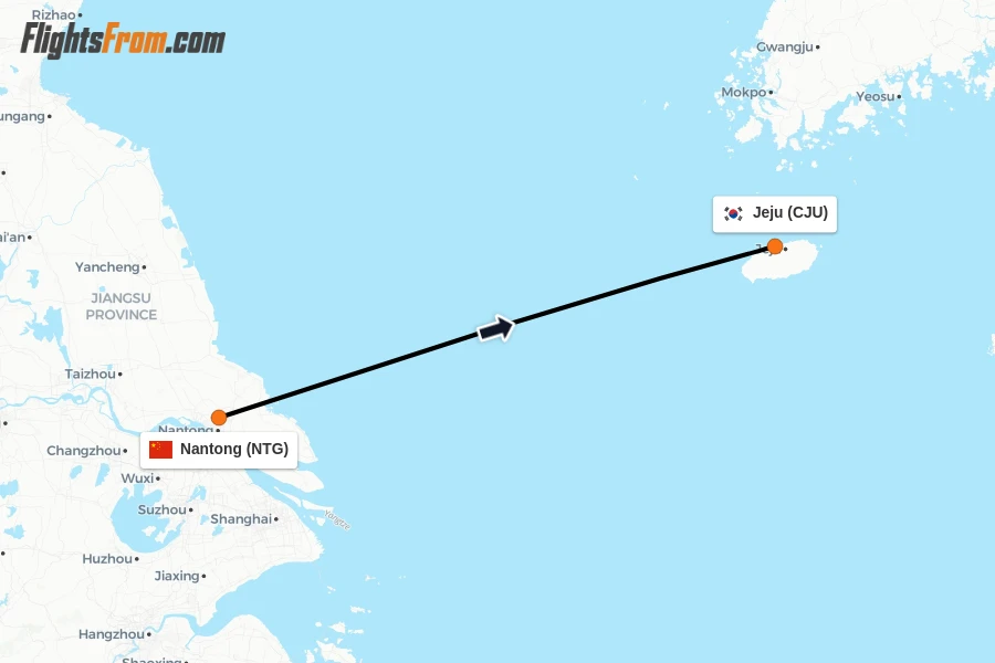 Flights from Nantong to Jeju route map