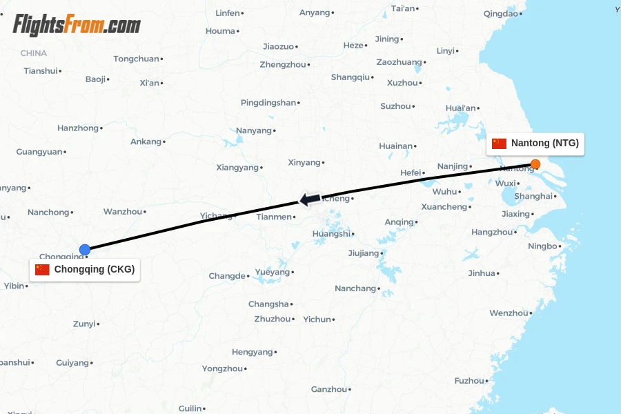 Flights from Nantong to Chongqing route map