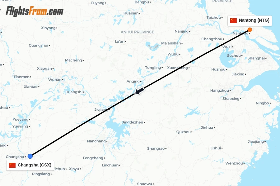 Flights from Nantong to Changsha route map