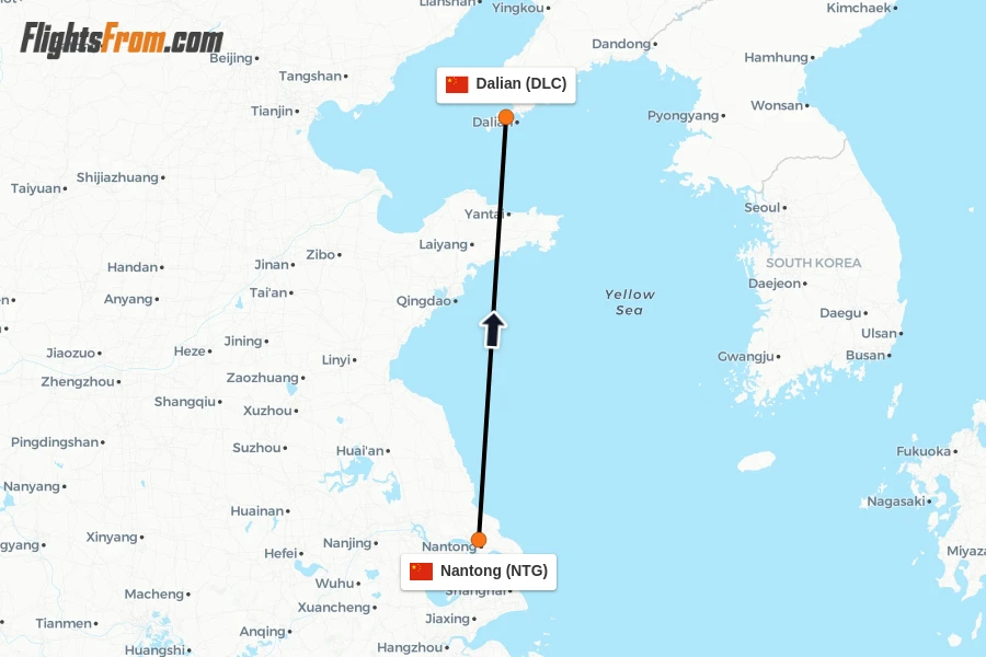 Flights from Nantong to Dalian route map