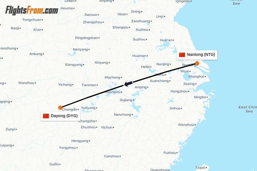 Flights from Nantong to Dayong route map