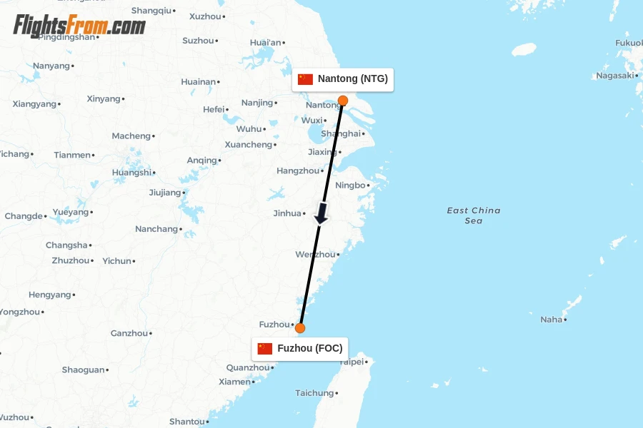 Flights from Nantong to Fuzhou route map