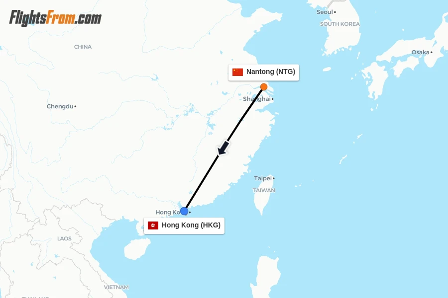 Flights from Nantong to Hong Kong route map