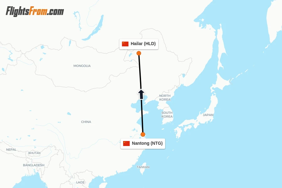 Flights from Nantong to Hailar route map