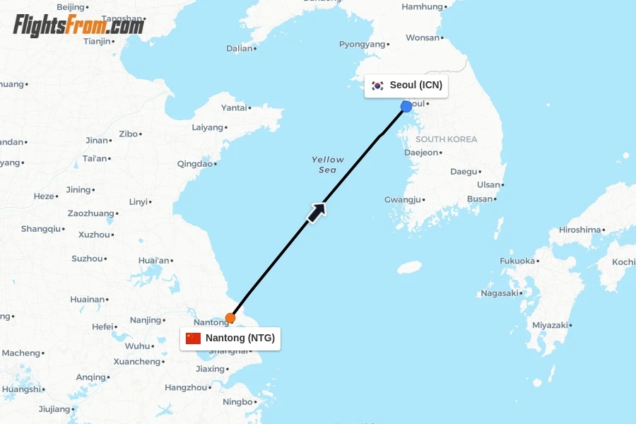 Flights from Nantong to Seoul route map