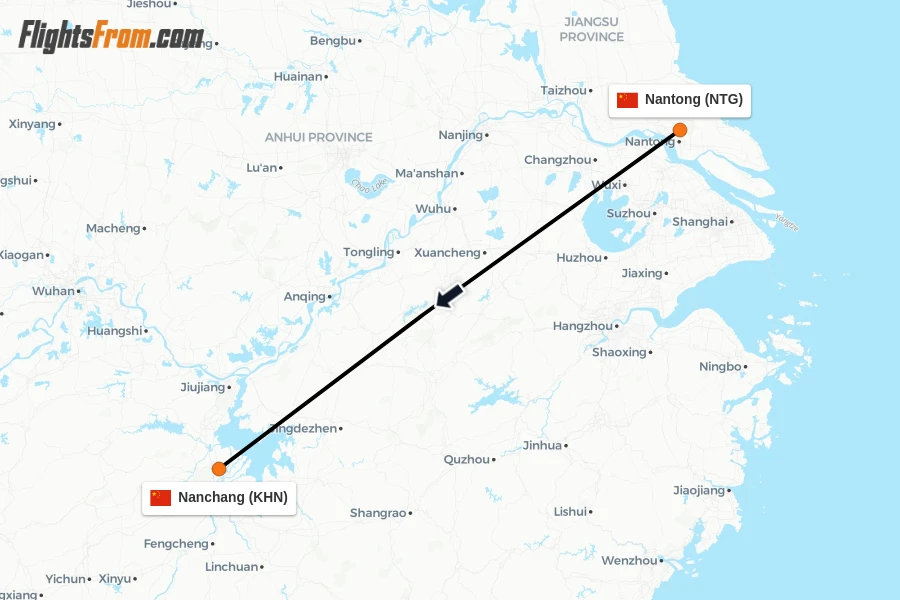 Flights from Nantong to Nanchang route map