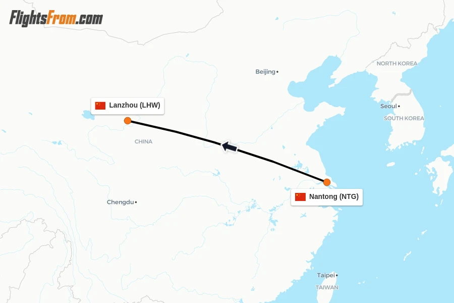 Flights from Nantong to Lanzhou route map