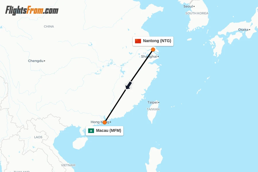 Flights from Nantong to Macau route map