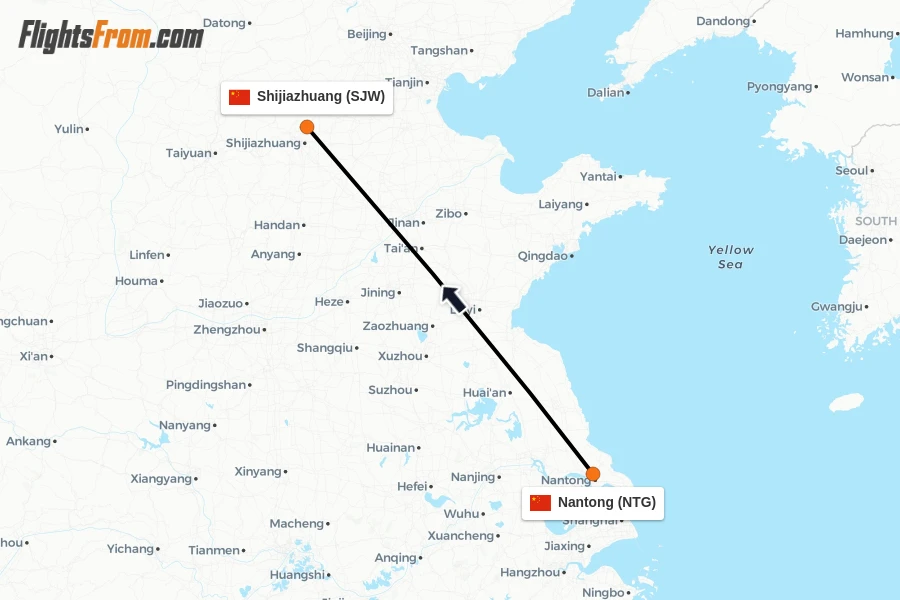 Flights from Nantong to Shijiazhuang route map
