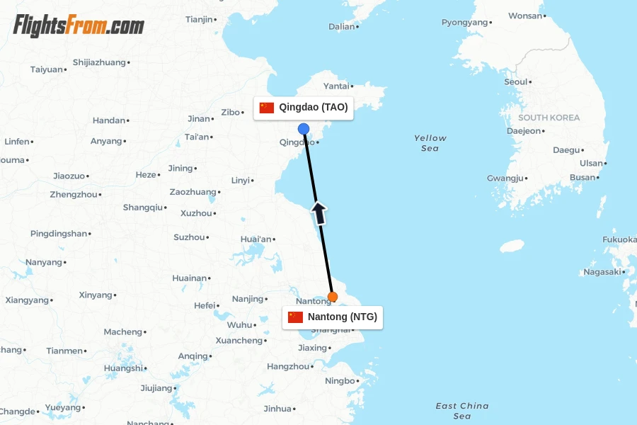 Flights from Nantong to Qingdao route map