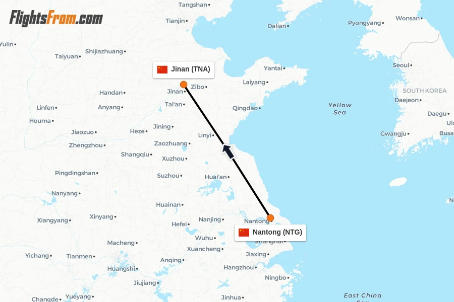 Flights from Nantong to Jinan route map