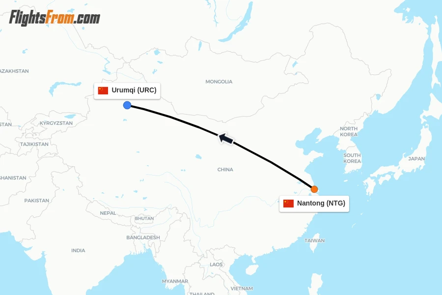 Flights from Nantong to Urumqi route map