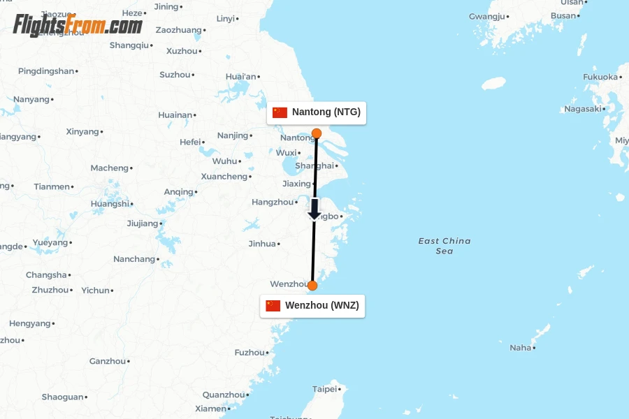 Flights from Nantong to Wenzhou route map