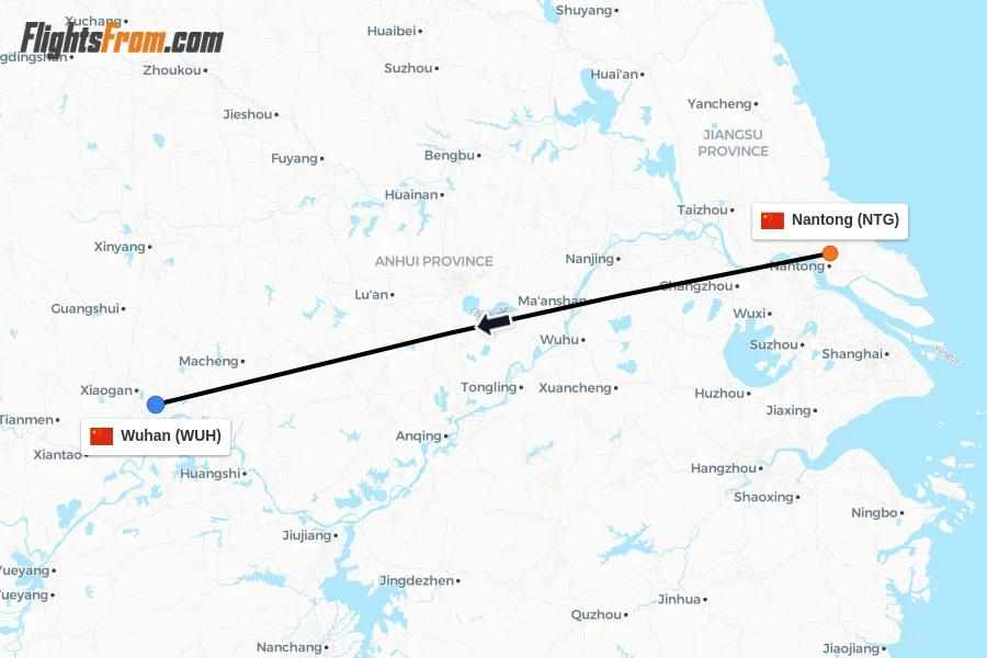 Flights from Nantong to Wuhan route map