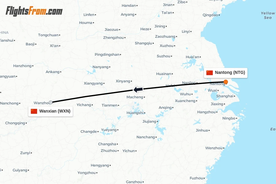 Flights from Nantong to Wanxian route map