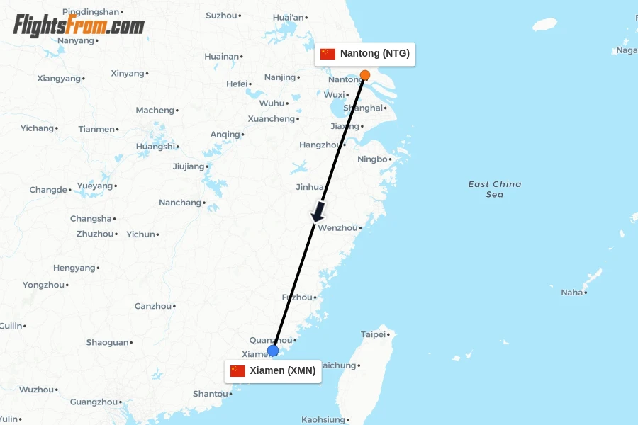 Flights from Nantong to Xiamen route map