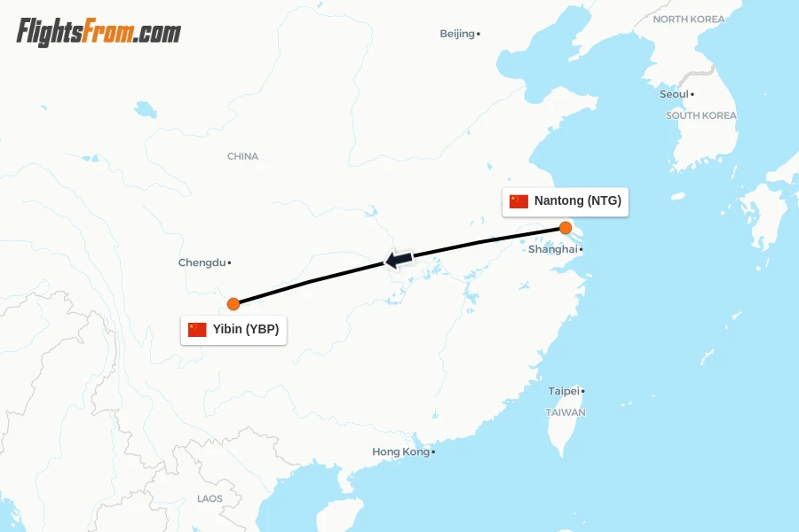 Flights from Nantong to Yibin route map